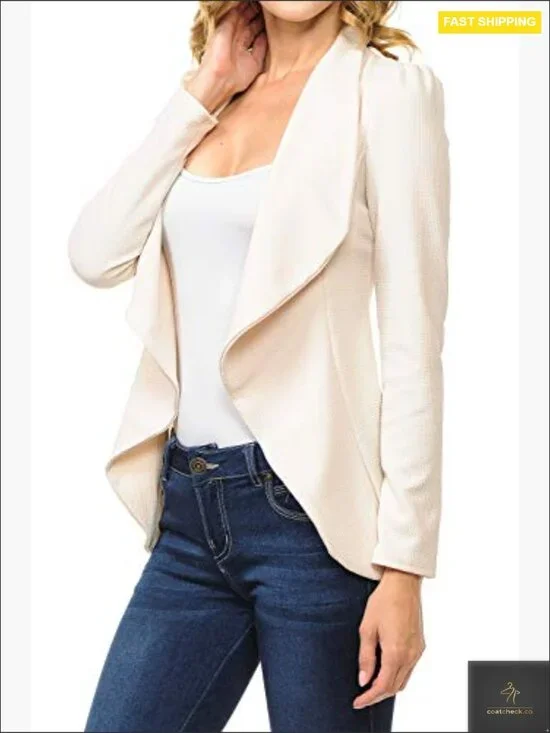Classic Draped Open Front Lightweight Blazer Long Sleeve Chic Minimal - Picture 3 of 5